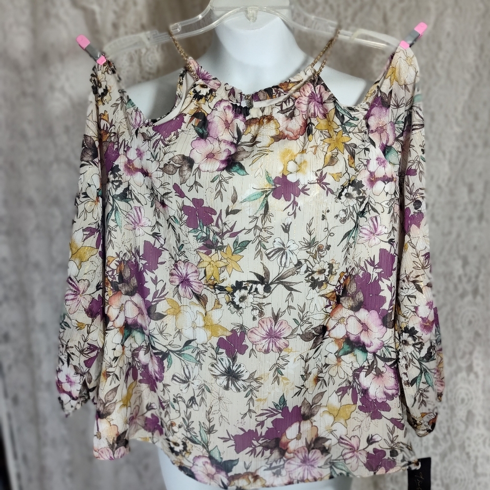 Thalia Sodi Floral Cold Shoulder Blouse - Purple, Yellow, Cream Nwot